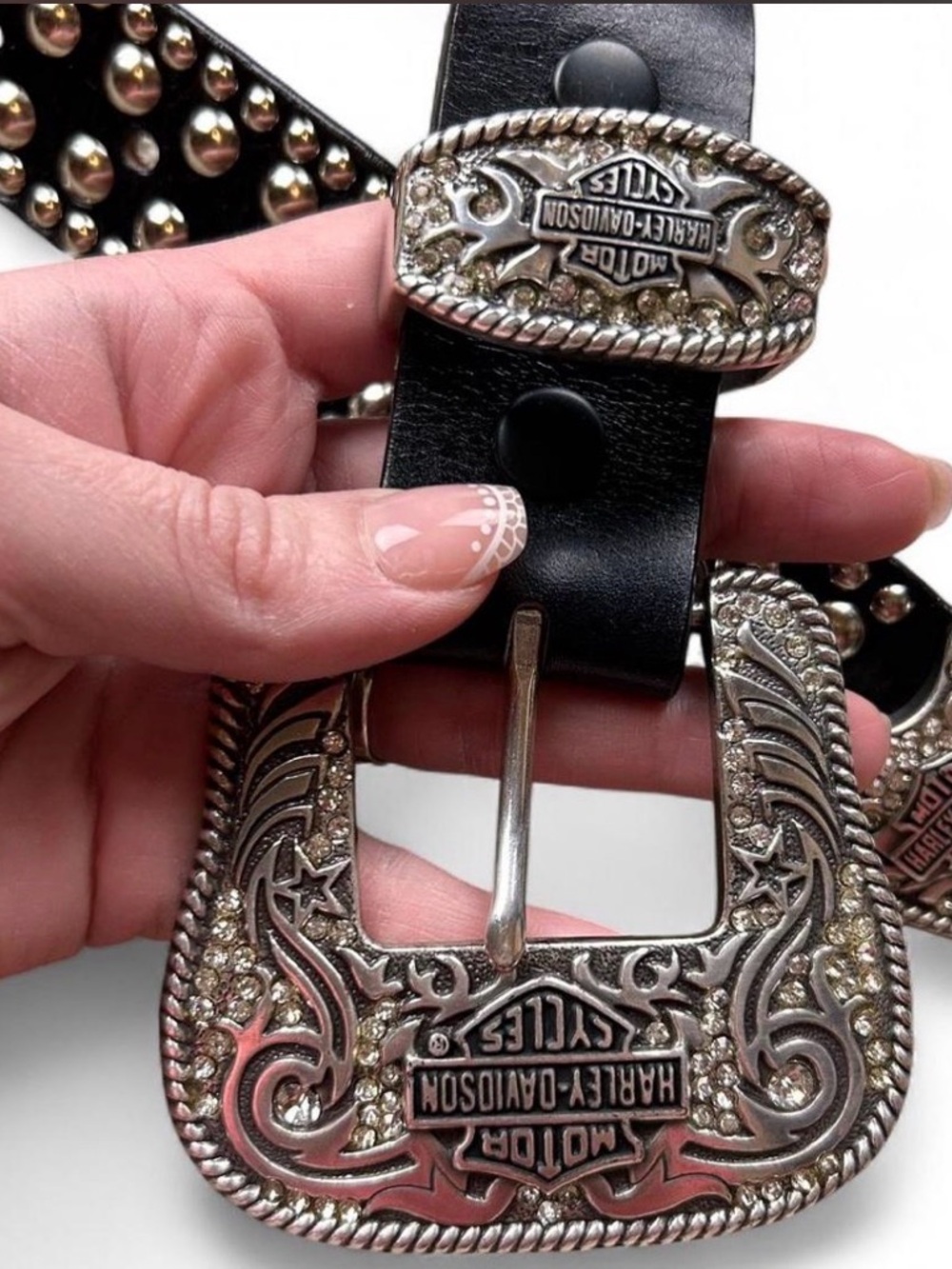 Harley-Davidson Black Belt with Ornate Silver-Tone Buckles